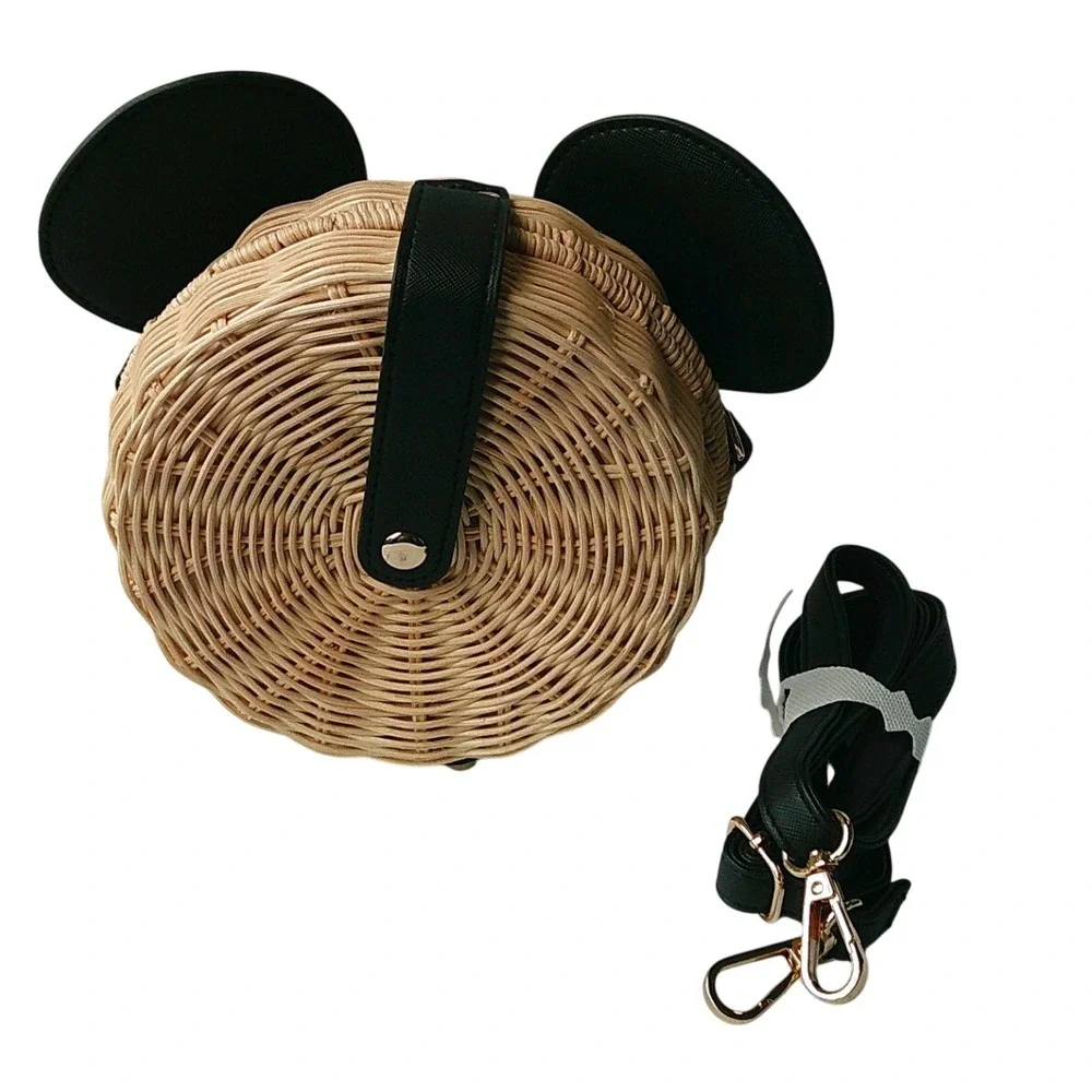 Disney Mickey Mouse Crossbody Bag Womens Tan Woven Straw Wicker Black Ears